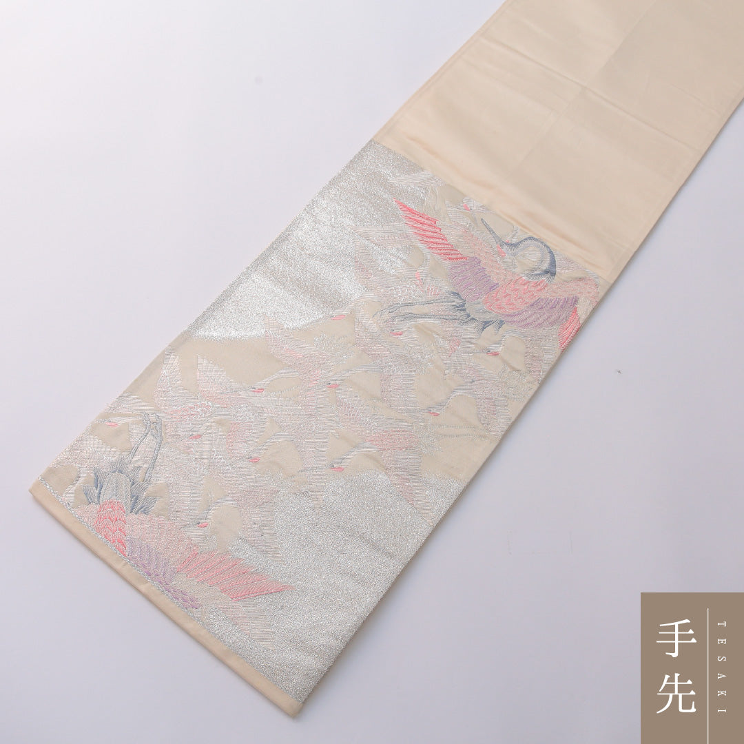 袋帯 帯丈432cm 正絹 六通 フォーマル 琳派 鶴 白系 銀系 1243-01947