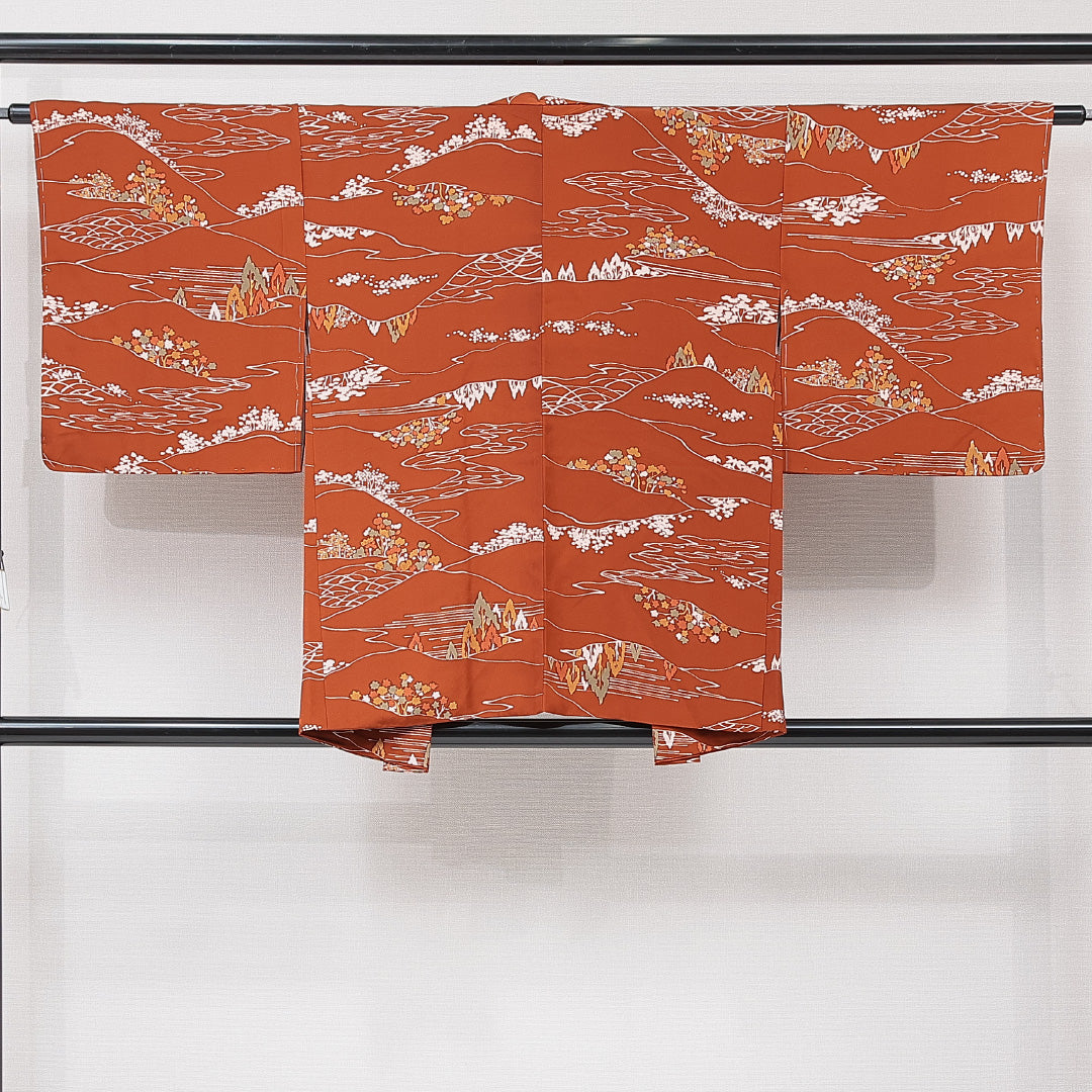 未使用品 羽織 袷 身丈79cm 裄丈63cm 正絹 Nランク カジュアル Sサイズ 紐あり しつけ糸 山 茶系 RP 1232-15318