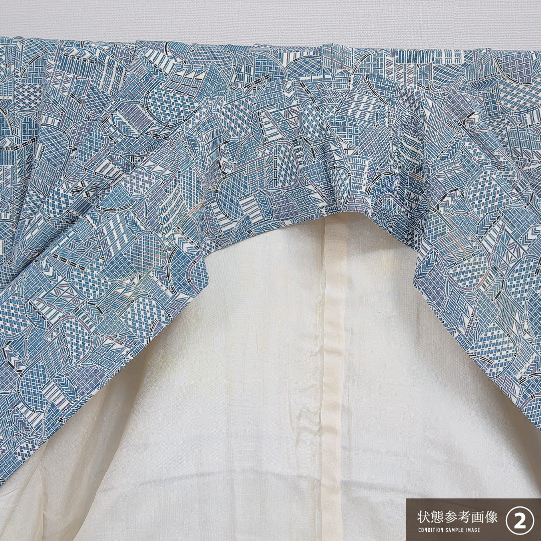 小紋 袷 身丈161cm 裄丈63cm 正絹 Aランク インフォーマル 広衿 Lサイズ 光悦垣 水色系 RP 1221-16081
