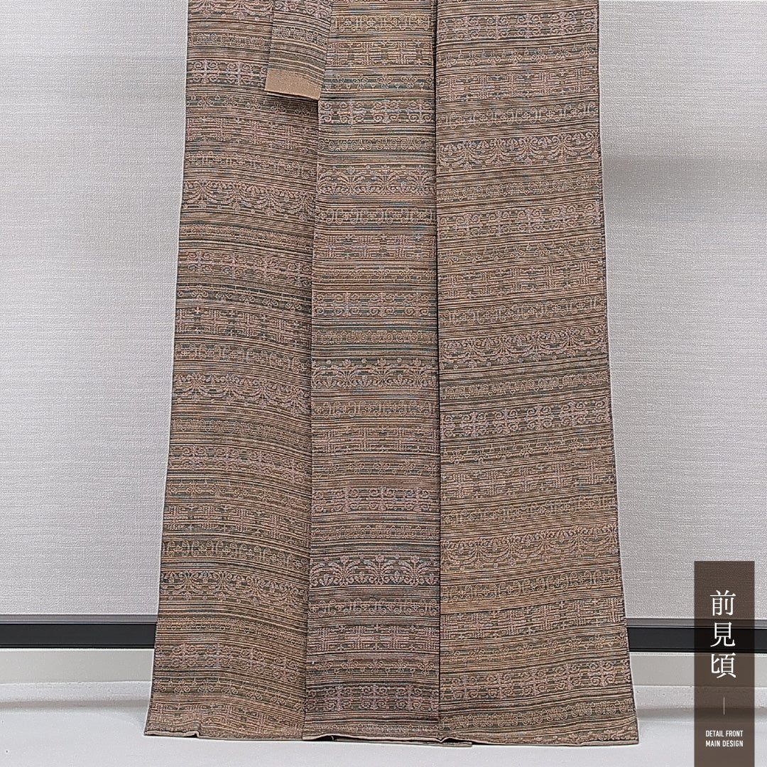 小紋 袷 身丈165cm 裄丈65cm 正絹 Sランク インフォーマル バチ衿 XLサイズ 花柄 茶系 RP 1221-15436