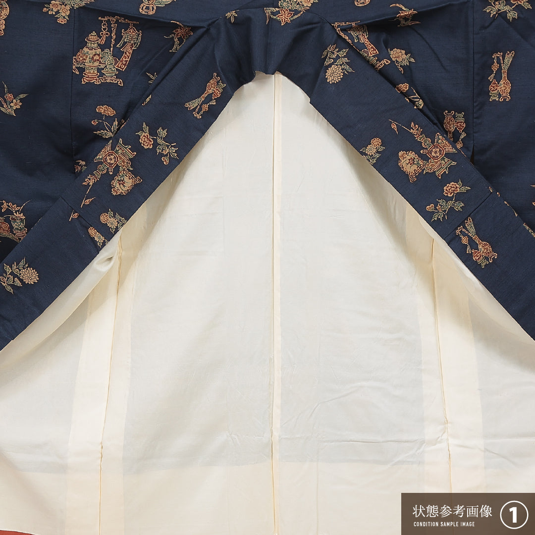 小紋 袷 身丈163cm 裄丈64cm 正絹 Aランク インフォーマル 広衿 Lサイズ 染め紬 花瓶 紺系 RP 1221-16656