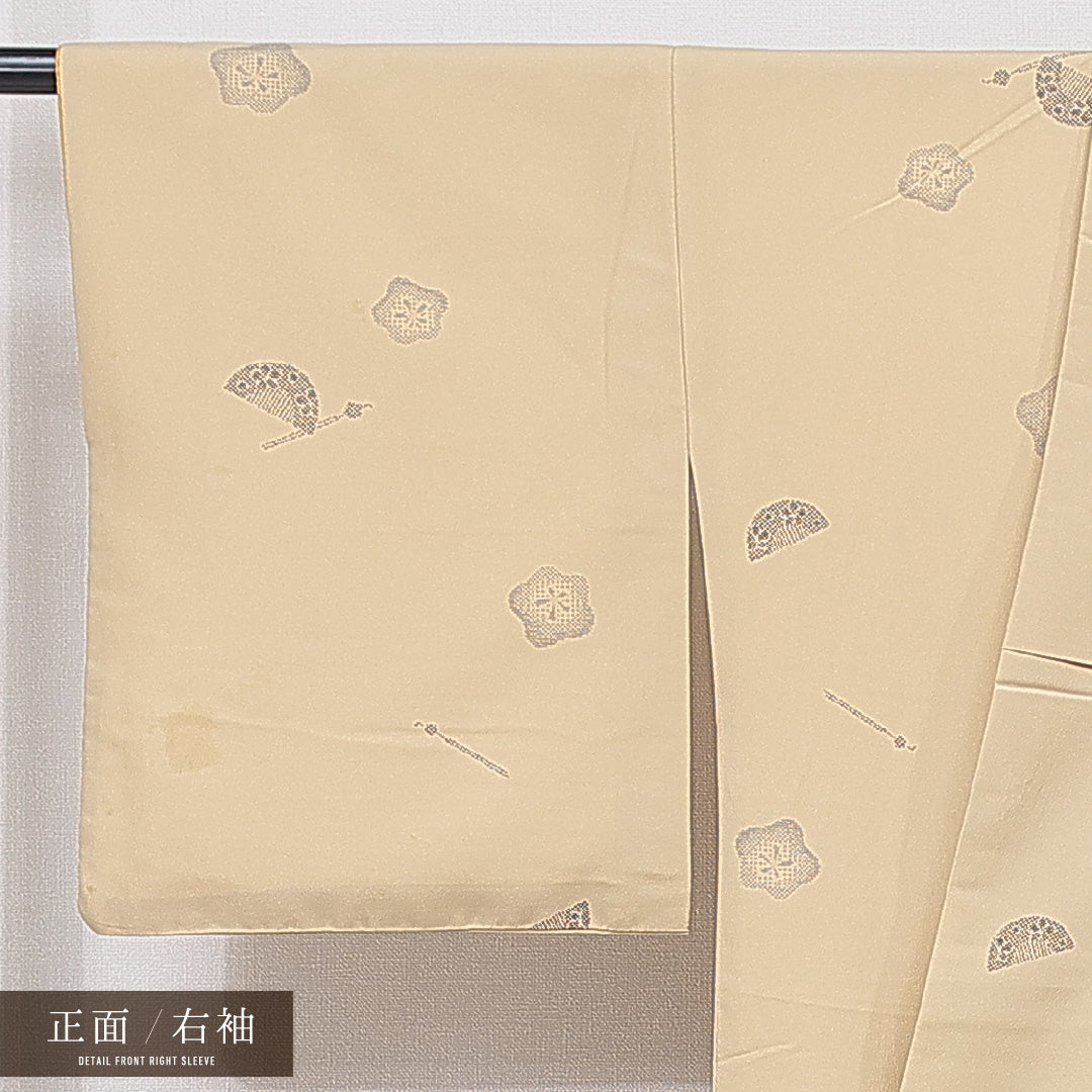 小紋 洗える着物 袷 身丈165cm 裄丈66cm ポリエステル Cランク XLサイズ 広衿 インフォーマル 簪 梅 茶系 ベージュ系 1215-15831