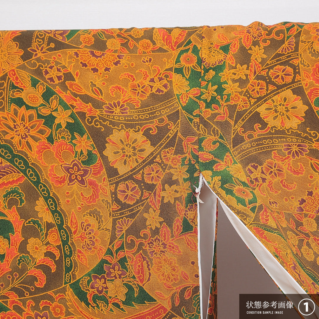 小紋 袷 身丈156cm 裄丈62cm 正絹 Dランク Mサイズ 広衿 インフォーマル ちりめん 多色系 朱系 1215-16665