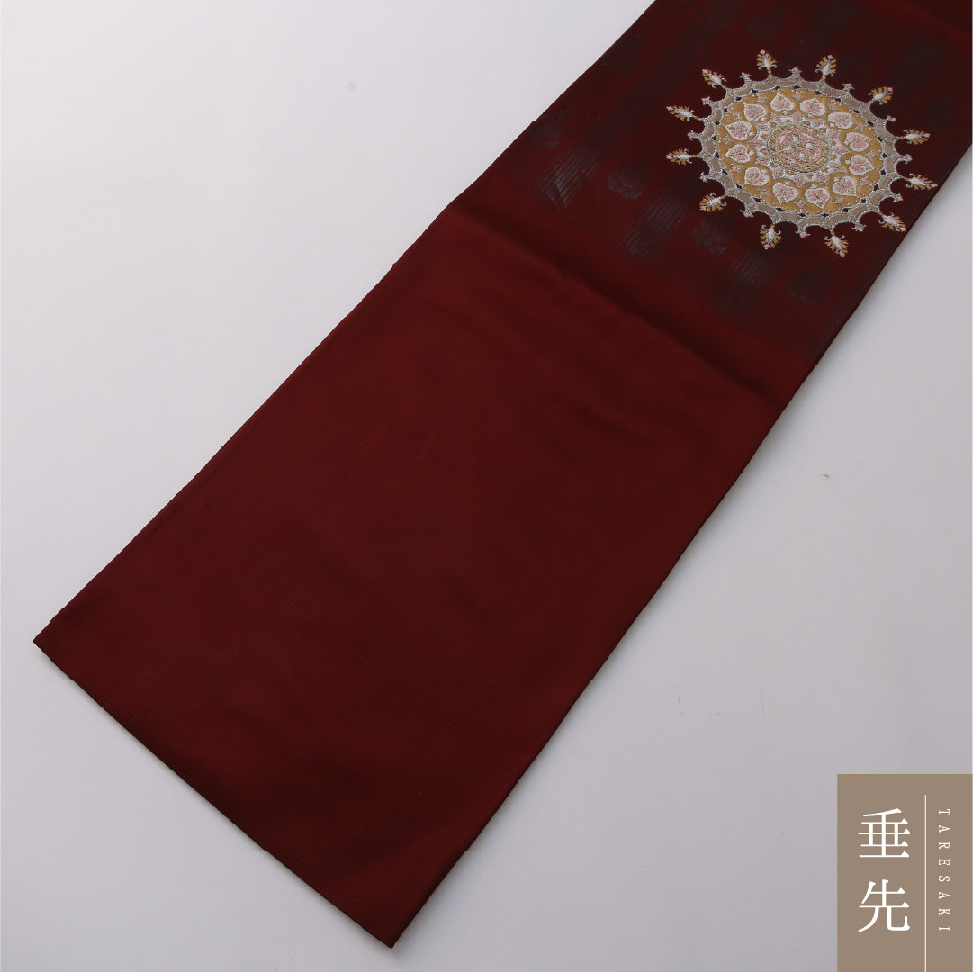 九寸名古屋帯 帯丈348cm インフォーマル 開き仕立て ポイント柄 Cランク 正絹 ペルシャ文様 赤系 1224-03215