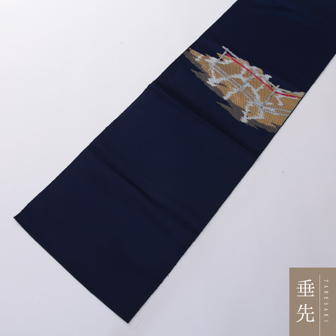 八寸名古屋帯 Aランク 帯丈328cm 正絹 ポイント柄 名古屋仕立て 織り インフォーマル 風景柄 紺系 RP 1245-03263