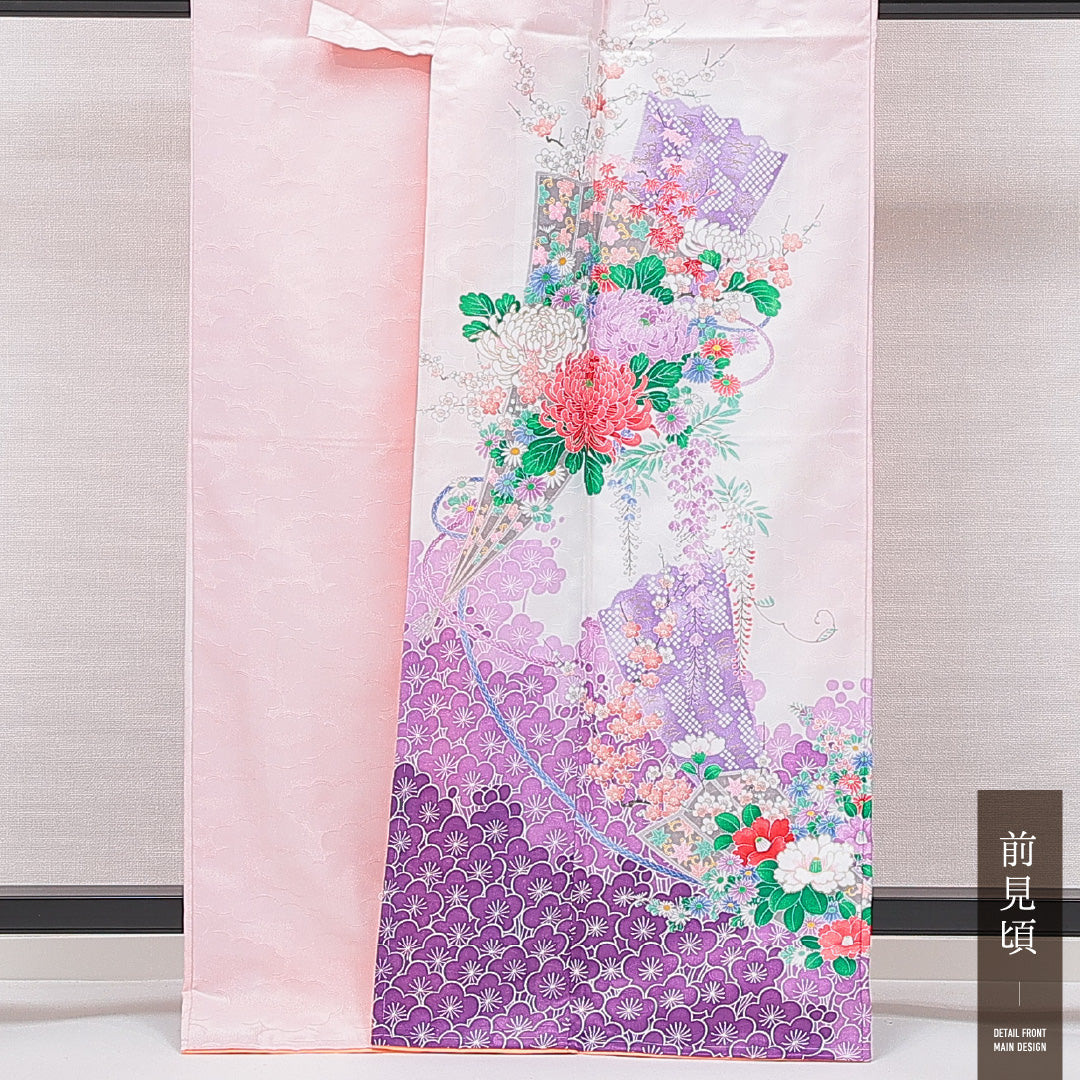 訪問着 袷 身丈163cm 裄丈65cm ポリエステル 洗える着物 Aランク セミフォーマル 広衿 Lサイズ 紋意匠 雲取り 古典柄 古典的 華やか ピンク系 HP 1217-15068