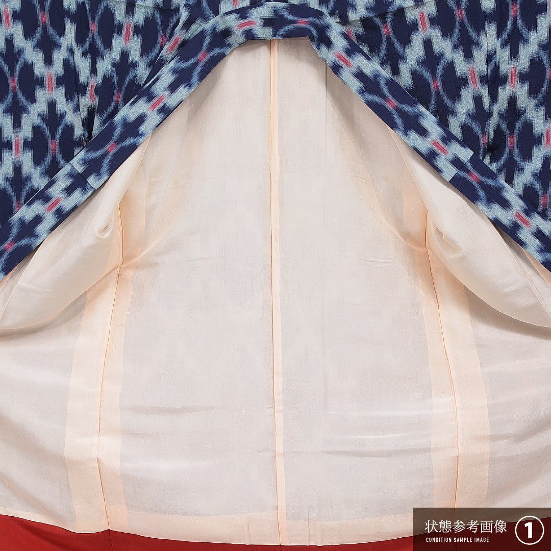 紬 袷 身丈160cm 裄丈68cm 正絹 Aランク カジュアル バチ衿 Lサイズ 菱 紺系 RP 1223-16739