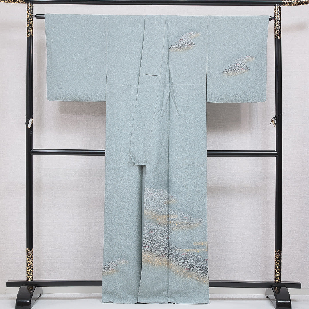 訪問着 袷 身丈164cm 裄丈66cm 正絹 Sランク Lサイズ 広衿 セミフォーマル 笠松 金彩 水色系 1212-16661