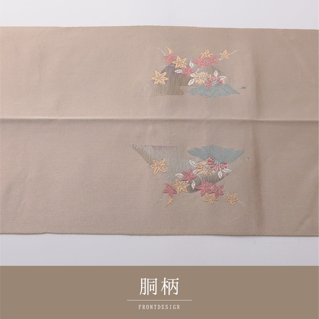八寸名古屋帯 帯丈352cm インフォーマル 松葉仕立て ポイント柄 Cランク 正絹 流水 紅葉 ベージュ系 1224-03420