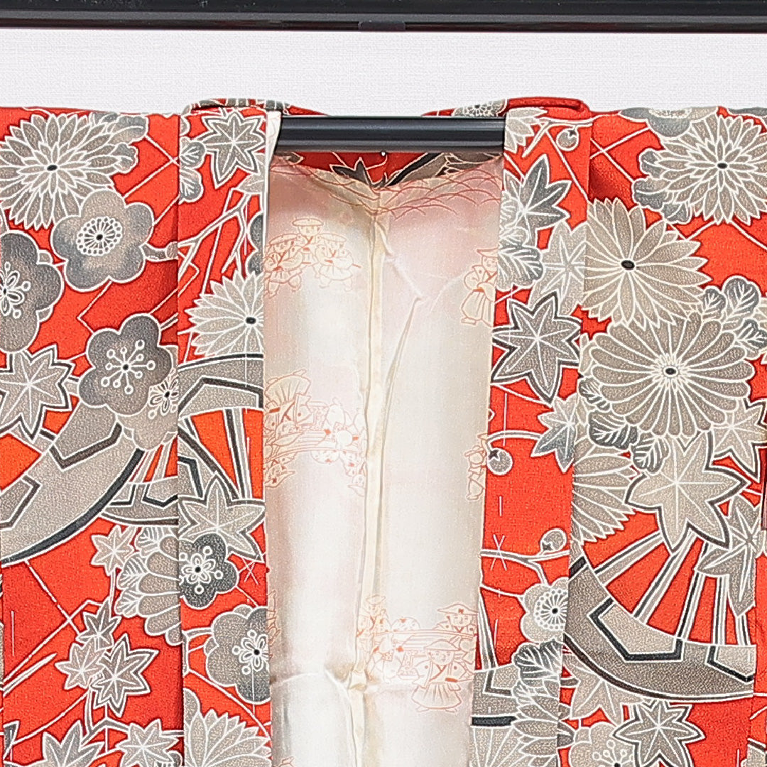 アンティーク 羽織 袷 身丈87cm 裄丈67cm 正絹 Bランク Mサイズ ちりめん 菊 赤系 1217-16813