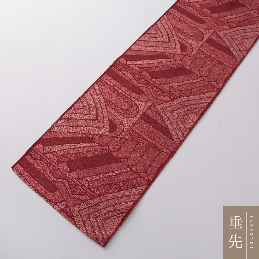 八寸名古屋帯 帯丈353cm カジュアル 名古屋仕立て 六通 Sランク 正絹 創作柄 赤系 1224-03295