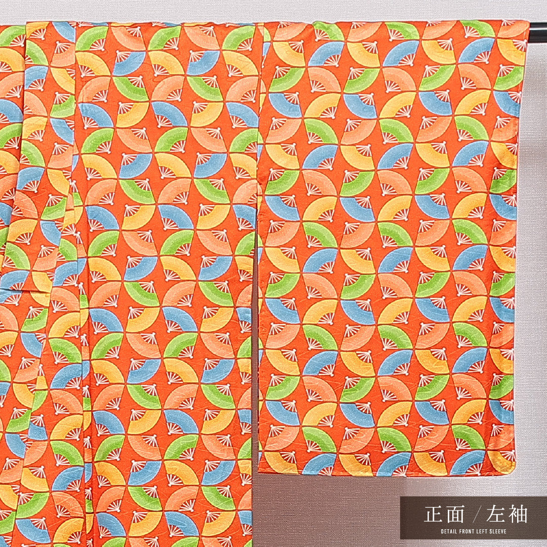洗える着物 小紋 袷 身丈159cm 裄丈64cm ポリエステル Sランク インフォーマル バチ衿 Mサイズ 扇 朱系 RP 1221-16343