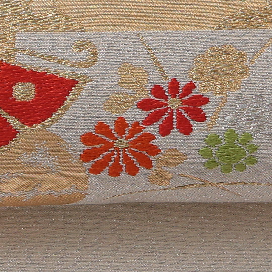 九寸名古屋帯 帯丈335cm セミフォーマル 名古屋仕立て ポイント柄 Cランク 正絹 蝶 菊 クリーム系 金系 1224-03201