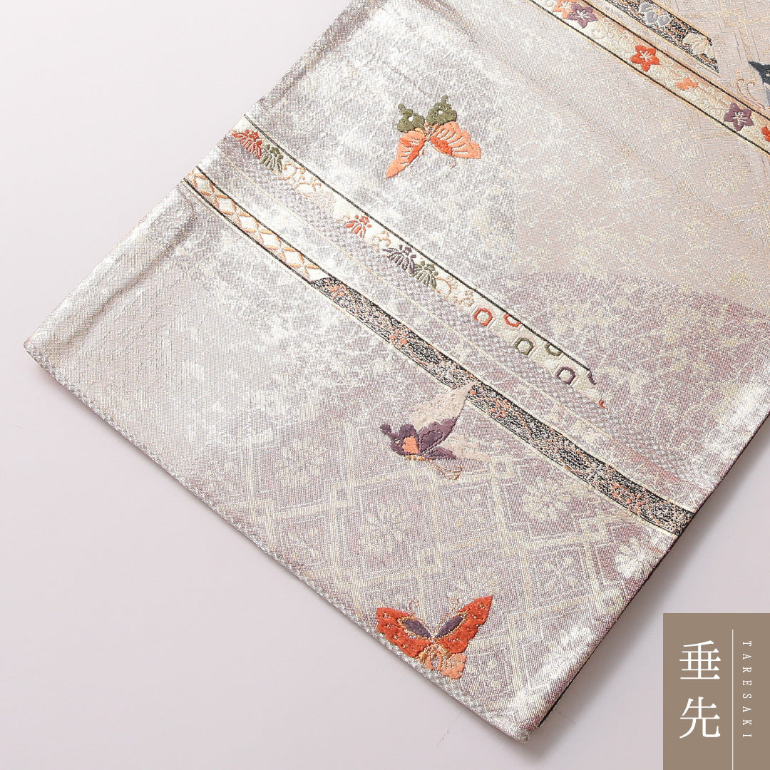 袋帯 帯丈424cm 正絹 六通 フォーマル 裂取り 蝶 吉祥文様 金系 ピンク系 1243-01788