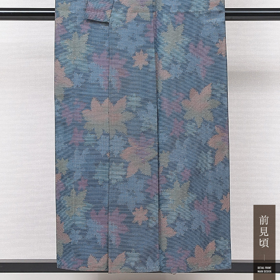 ウールの紬 洗える着物 単衣 身丈153cm 裄丈61cm ウール Cランク Sサイズ バチ衿 カジュアル 肩当て 楓 青系 1216-15027