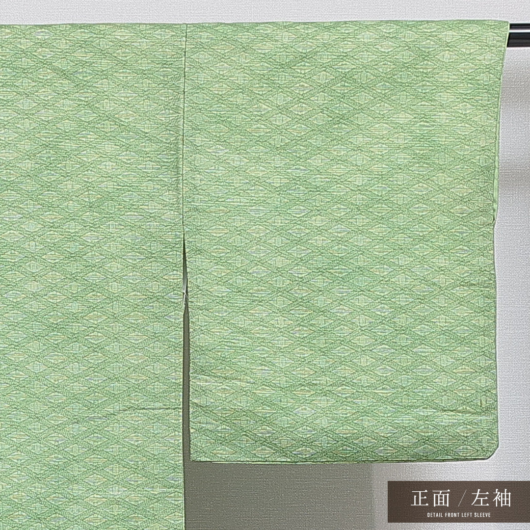 洗える着物 小紋 袷 身丈156cm 裄丈63cm ポリエステル Sランク インフォーマル 広衿 Mサイズ 格子 創作柄 緑系 RP 1221-16338