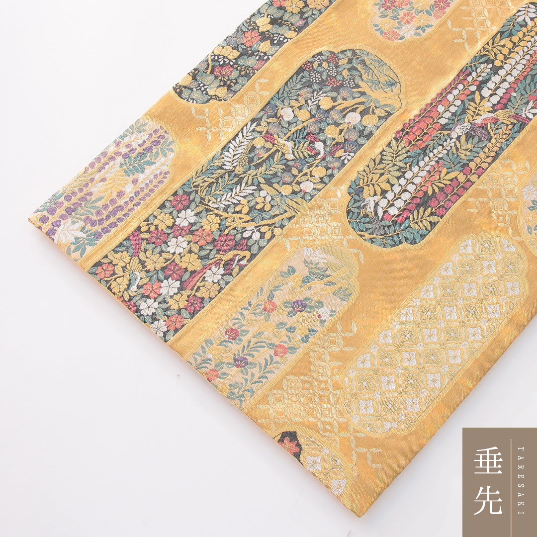 袋帯 帯丈428cm 正絹 六通 フォーマル 色紙重ね 花鳥文 金系 1243-02276