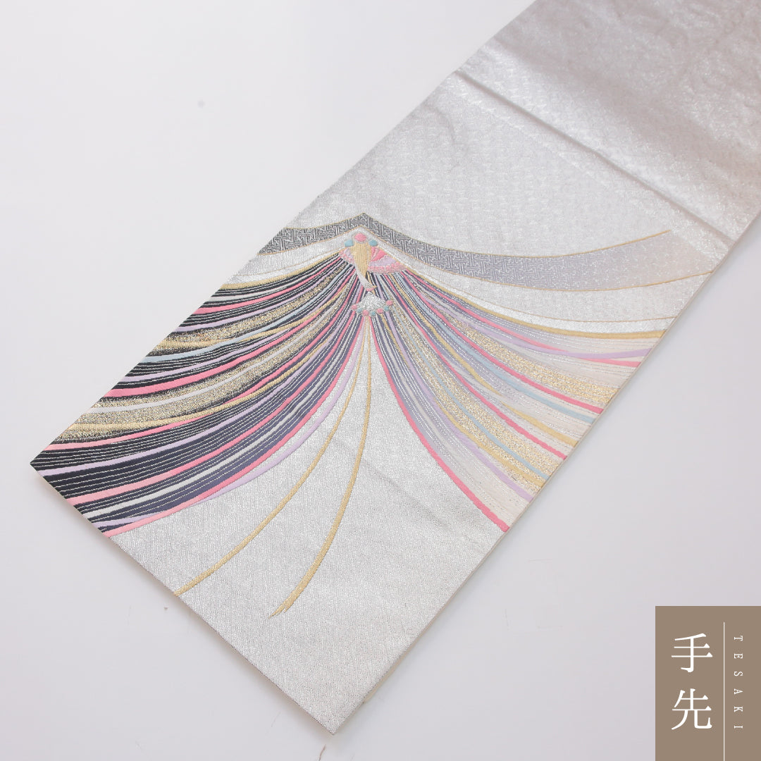 振袖用 袋帯 帯丈436cm 正絹 六通 帯芯なし 孔雀 金系 1243-02314