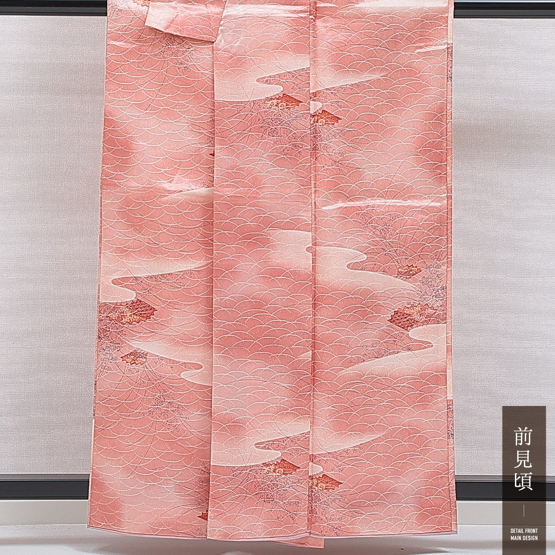 洗える着物 小紋 袷 身丈158cm 裄丈64cm ポリエステル Sランク インフォーマル 広衿 Mサイズ エ霞 桜 ピンク系 RP 1221-15993