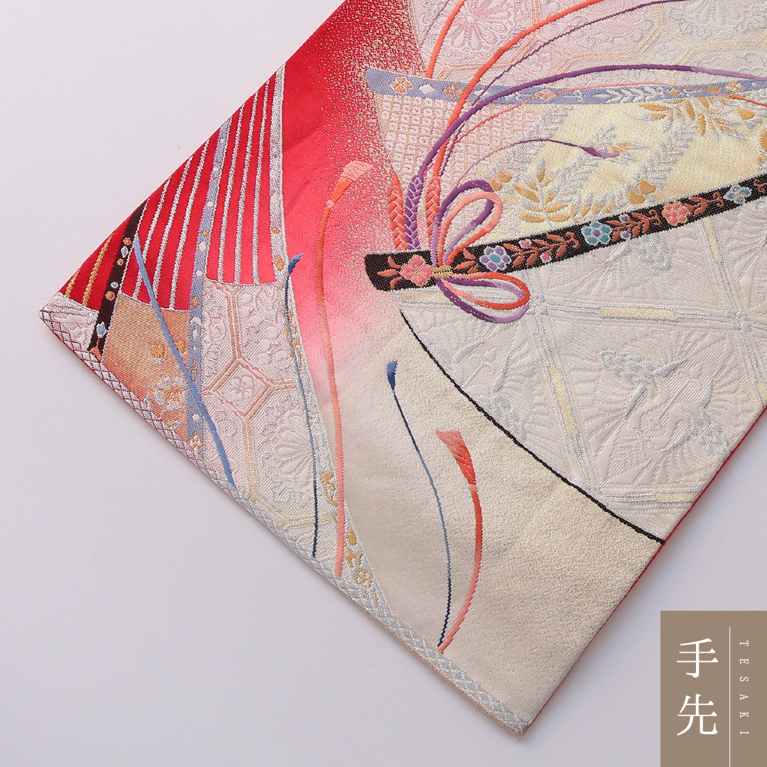 振袖用 袋帯 帯丈424cm 正絹 全通 扇面文 組紐 吉祥文様 赤系 金系 1243-01955