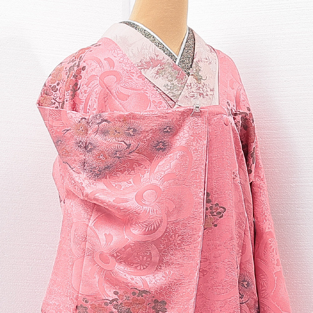 アンティーク 道行コート(お召) 袷 身丈98cm 裄丈65cm 正絹 Bランク Mサイズ ポケットあり 梅 ピンク系 1263-15276