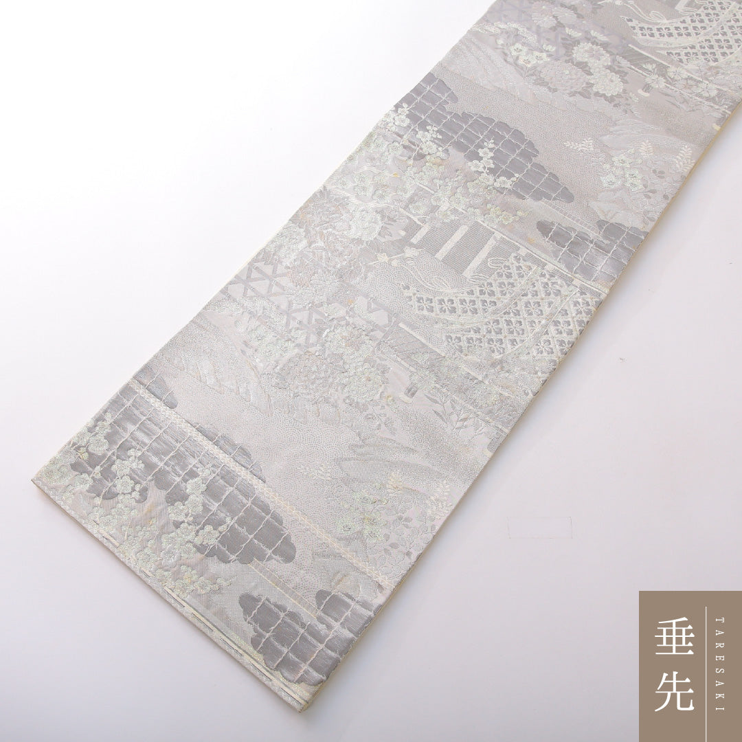 袋帯 帯丈424cm 正絹 六通 帯芯なし フォーマル 石庭 吉祥文様 クリーム系 銀系 1243-02146