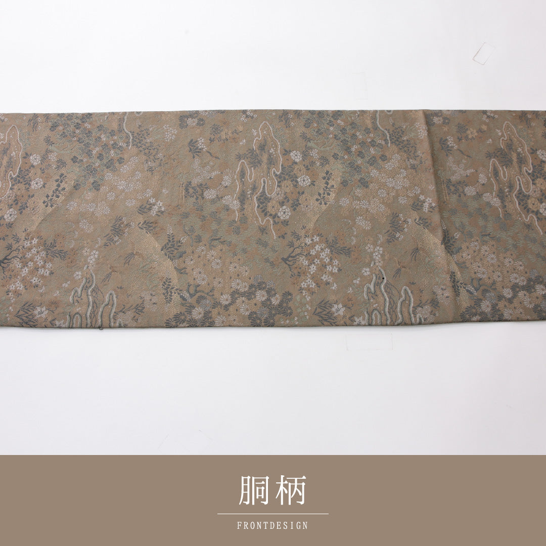 アンティーク 丸帯 帯丈444cm 全通 Aランク 正絹 古典柄 緑系 1223-02224