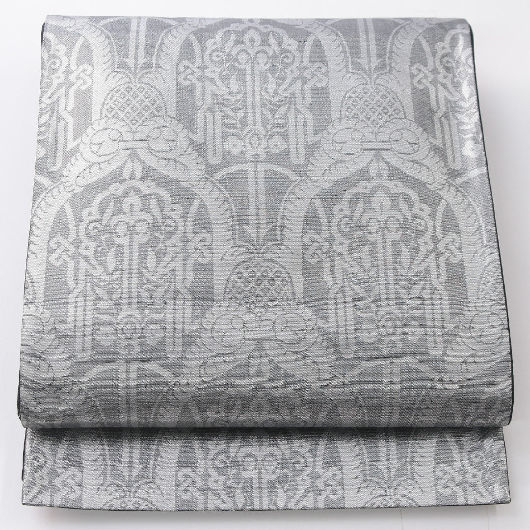 袋帯 帯丈414cm セミフォーマル 六通 帯芯なし Aランク 正絹 ペルシャ文様 銀系 1223-02230