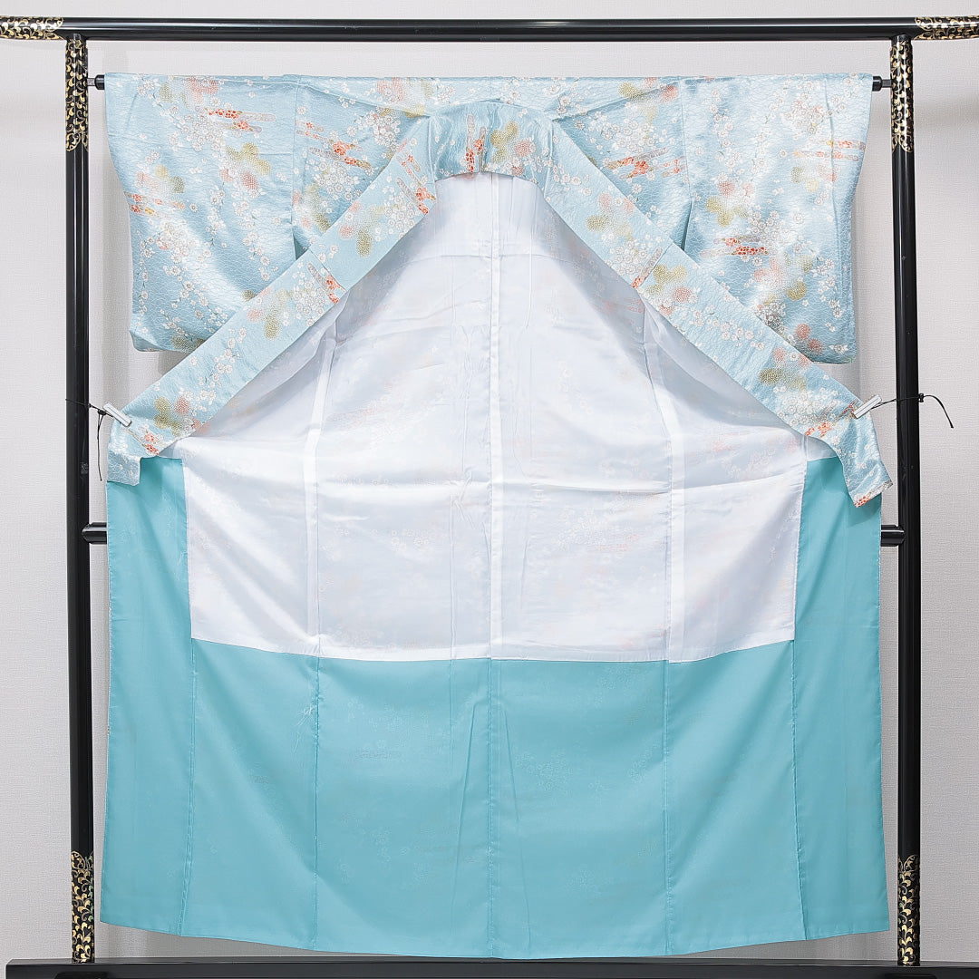 小紋 洗える着物 袷 身丈159cm 裄丈64cm ポリエステル Cランク Mサイズ 広衿 インフォーマル エ霞 梅 水色系 1215-15838