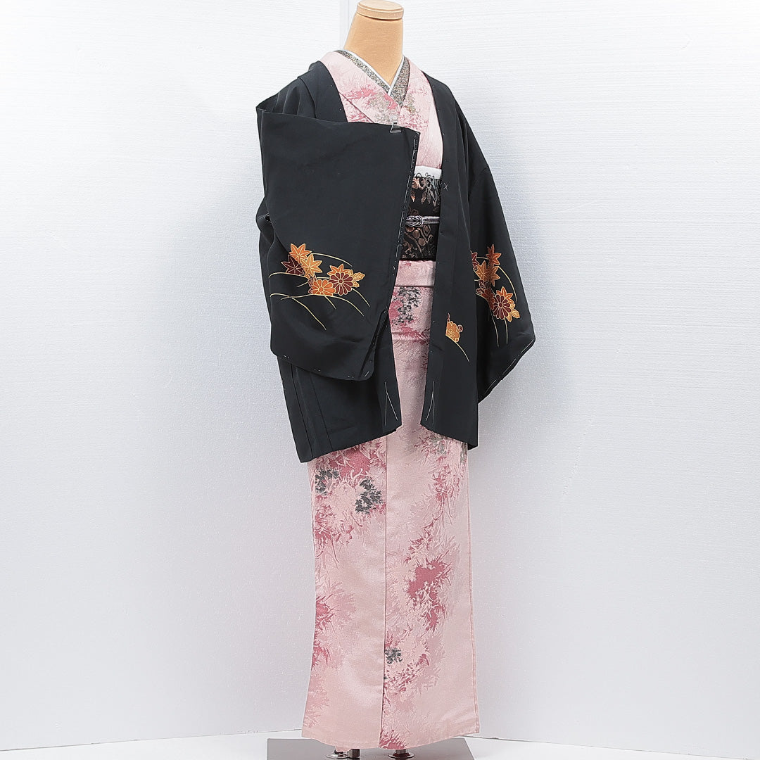 黒羽織 袷 身丈79cm 裄丈65cm 正絹 Aランク インフォーマル Mサイズ 菊 紅葉 黒系 RP 1233-15314