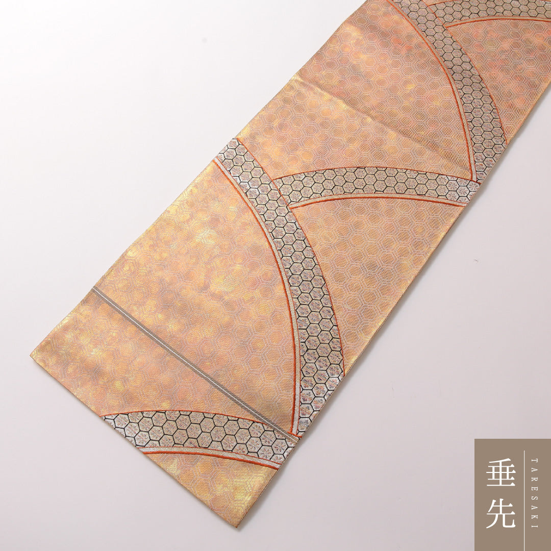 袋帯 帯丈424cm 正絹 六通 セミフォーマル 花菱亀甲 金系 1243-01847