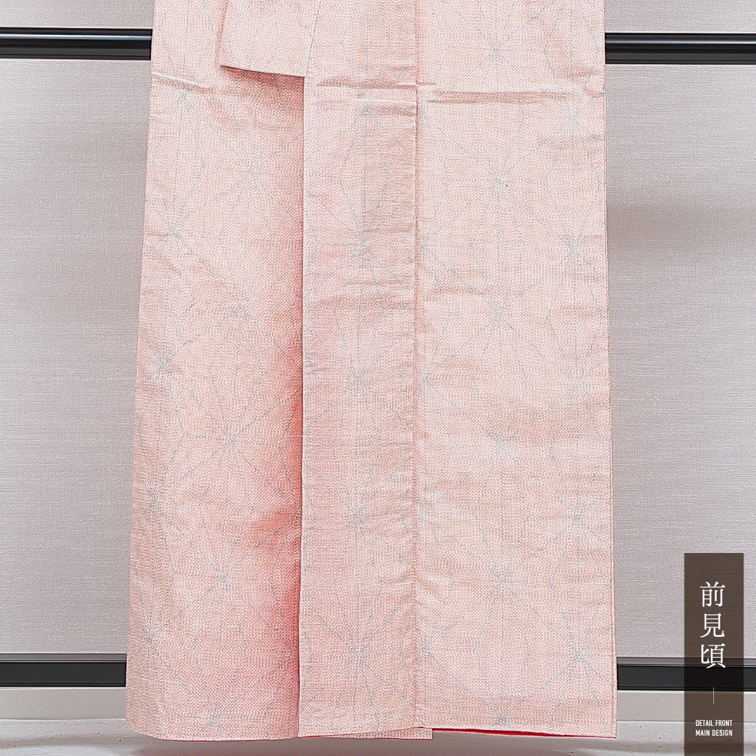 紬 袷 身丈159cm 裄丈65cm 正絹 Cランク Mサイズ 広衿 カジュアル 麻の葉 朱系 1216-16659