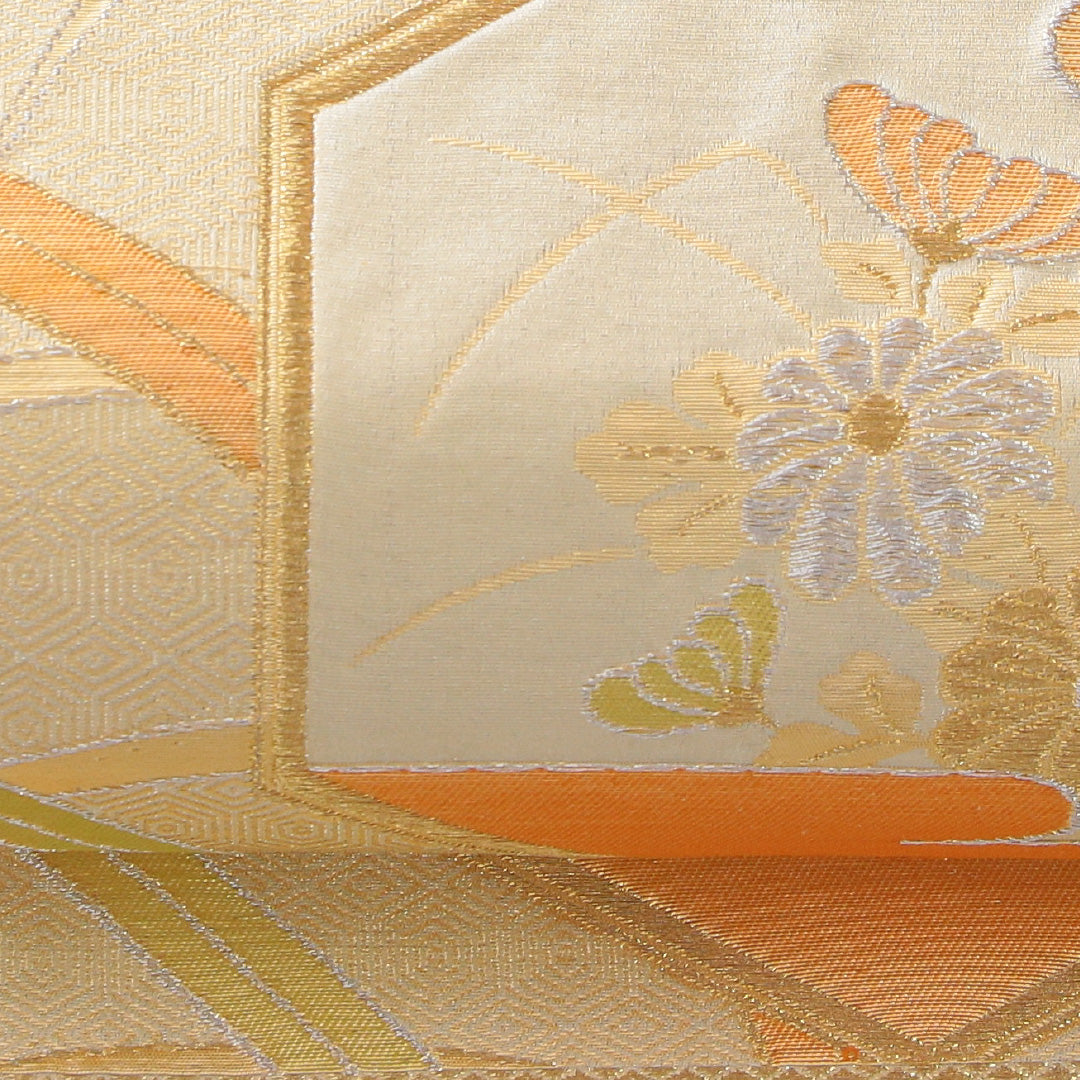 袋帯 帯丈416cm フォーマル 六通 Aランク 正絹 亀甲 菊 黄系 クリーム系 1223-02291