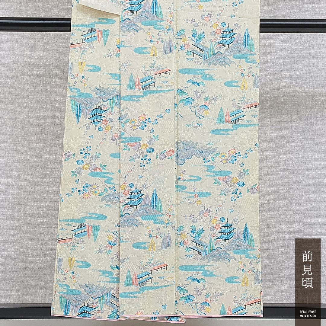 洗える着物 小紋 袷 身丈153cm 裄丈62cm ポリエステル Cランク インフォーマル 広衿 Sサイズ 楼閣 梅 黄系 LP 1221-15990