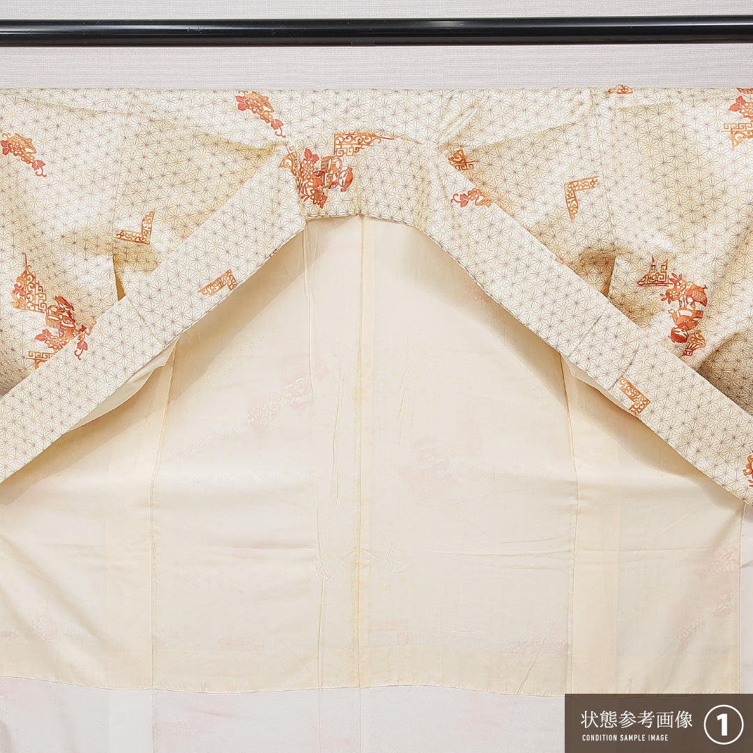 洗える着物 小紋 袷 身丈154cm 裄丈65cm ポリエステル Aランク インフォーマル 広衿 Sサイズ 紗綾型 クリーム系 HP 1221-15813