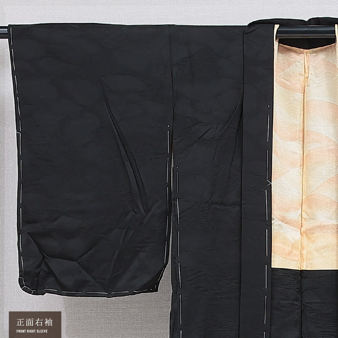 黒羽織 袷 身丈82cm 裄丈65cm 正絹 Aランク 一つ紋 (中陰五三桐) 紋意匠 (吉祥文様) セミフォーマル Mサイズ 織り出し 黒系 RP 1233-16144