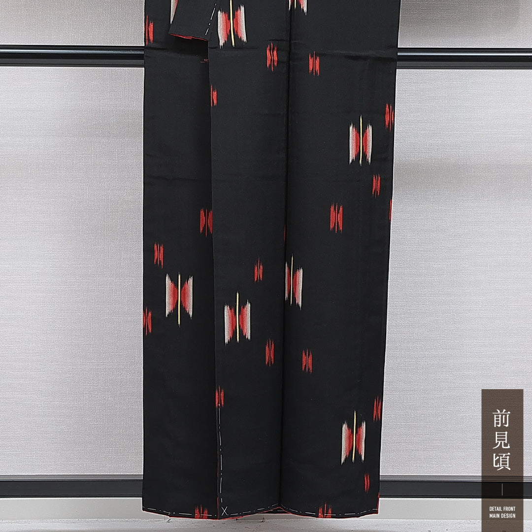 アンティーク お召 袷 身丈155cm 裄丈63cm 正絹 Aランク Mサイズ バチ衿 創作柄 黒系 1265-15968