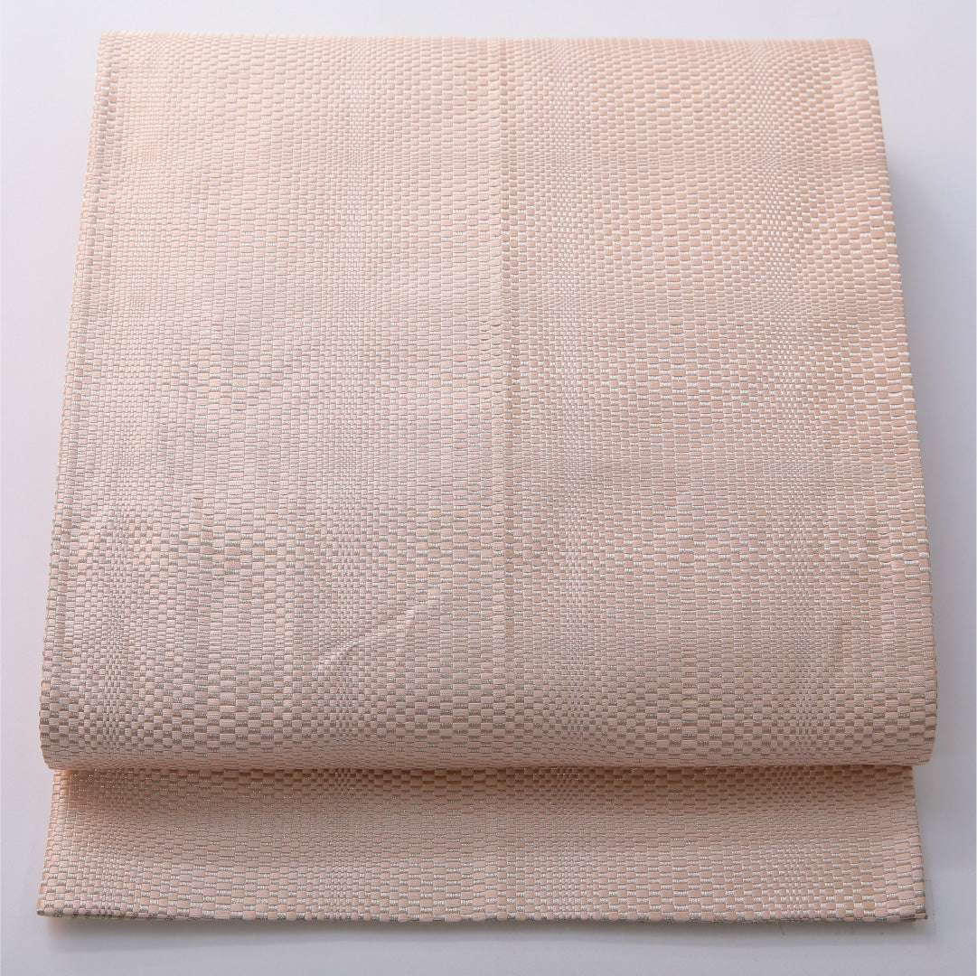 九寸名古屋帯 帯丈374cm カジュアル 開き仕立て 全通 リバーシブル Cランク 正絹 幾何学柄 クリーム系 1224-03402