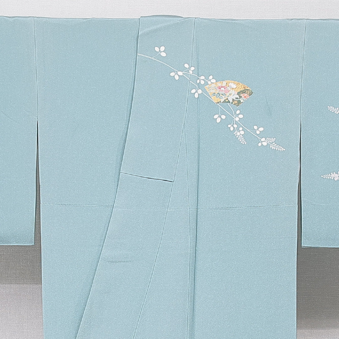 訪問着 袷 身丈155cm 裄丈66cm 正絹 Bランク Mサイズ 広衿 セミフォーマル 扇 流水 菊 水色系 1212-15654