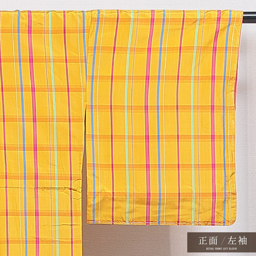 洗える着物 小紋 袷 身丈155cm 裄丈64cm ポリエステル Bランク インフォーマル 広衿 Mサイズ 格子 黄系 HP 1221-16383
