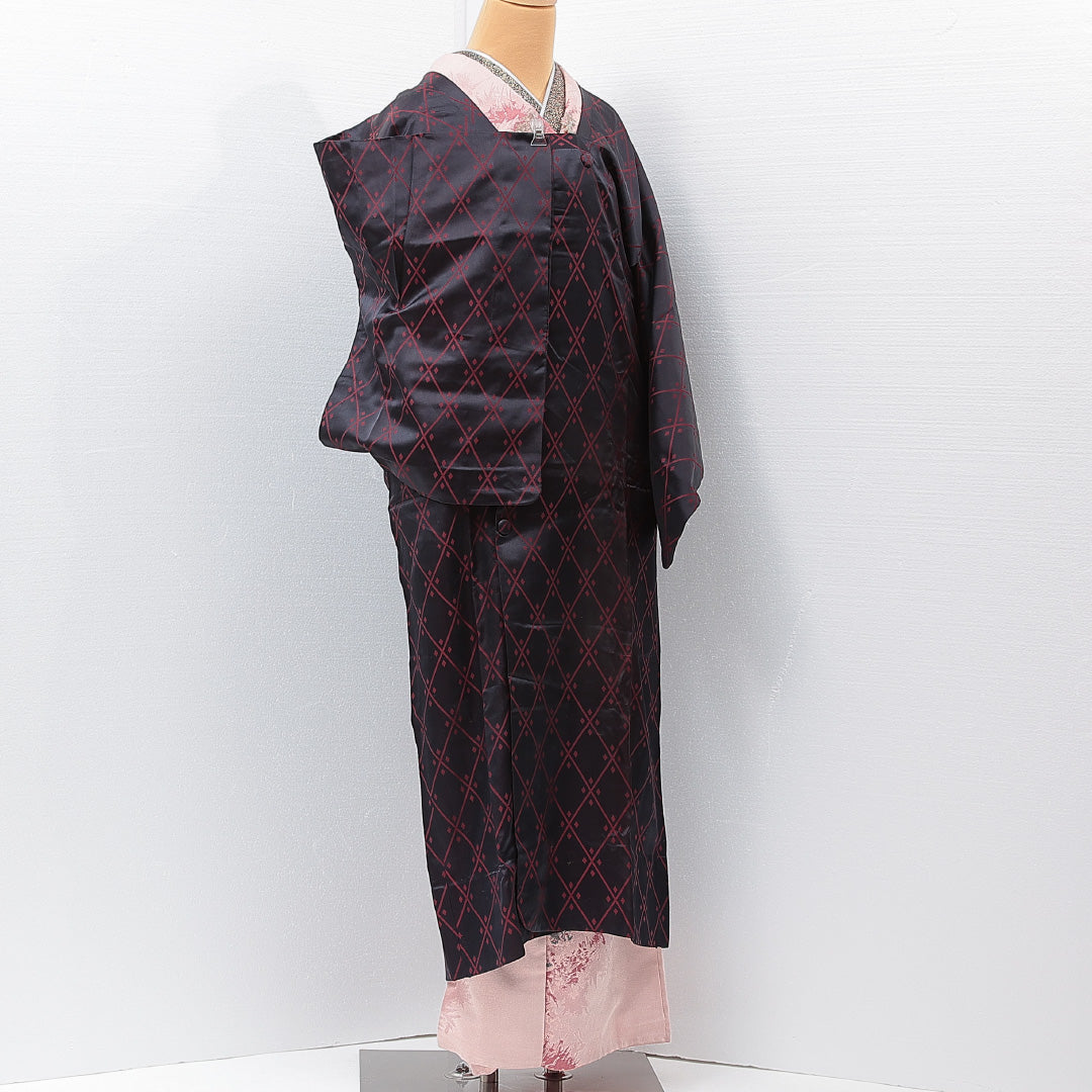 道行コート 袷 身丈123cm 裄丈64cm 正絹 Sランク セミフォーマル Mサイズ ポケットあり 菱 紺系 RP 1237-15268