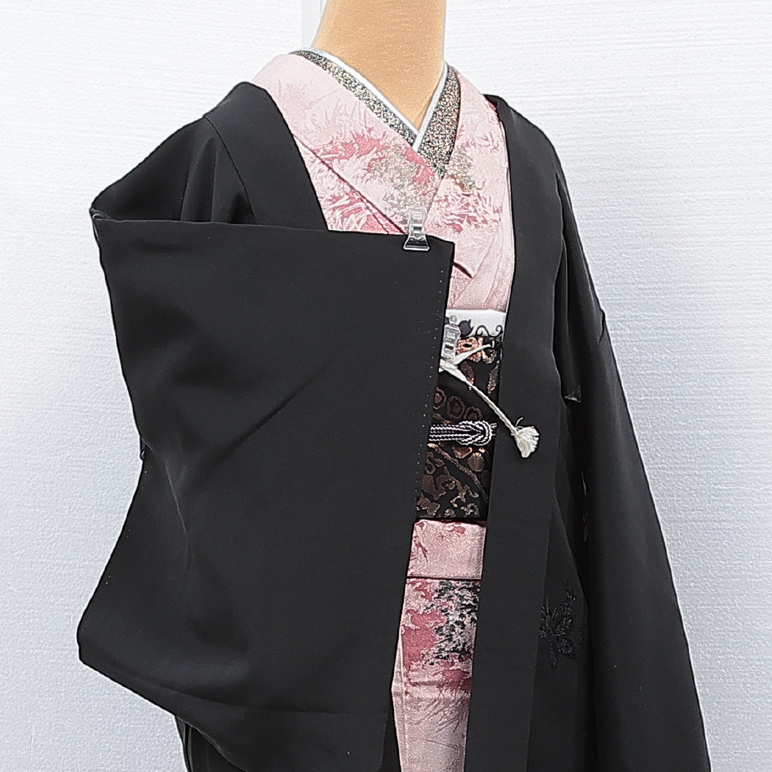 黒羽織 袷 身丈82cm 裄丈32cm 正絹 Sランク 一つ紋 (五三桐) セミフォーマル Sサイズ 紐あり 桔梗 黒系 RP 1233-15307