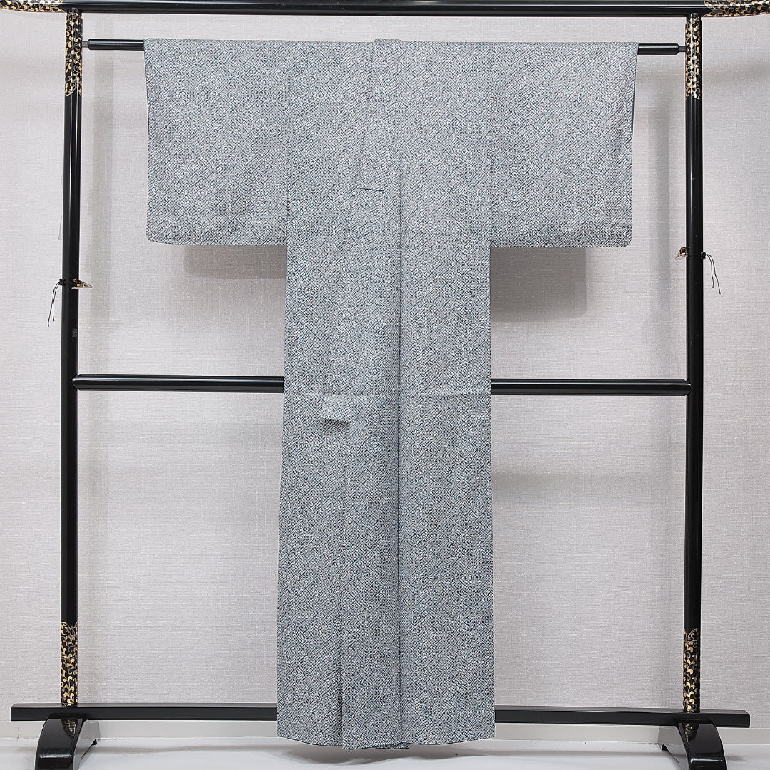 小紋 袷 身丈157cm 裄丈61cm 正絹 Sランク インフォーマル バチ衿 Mサイズ 鹿の子柄 水色系 RP 1221-15467