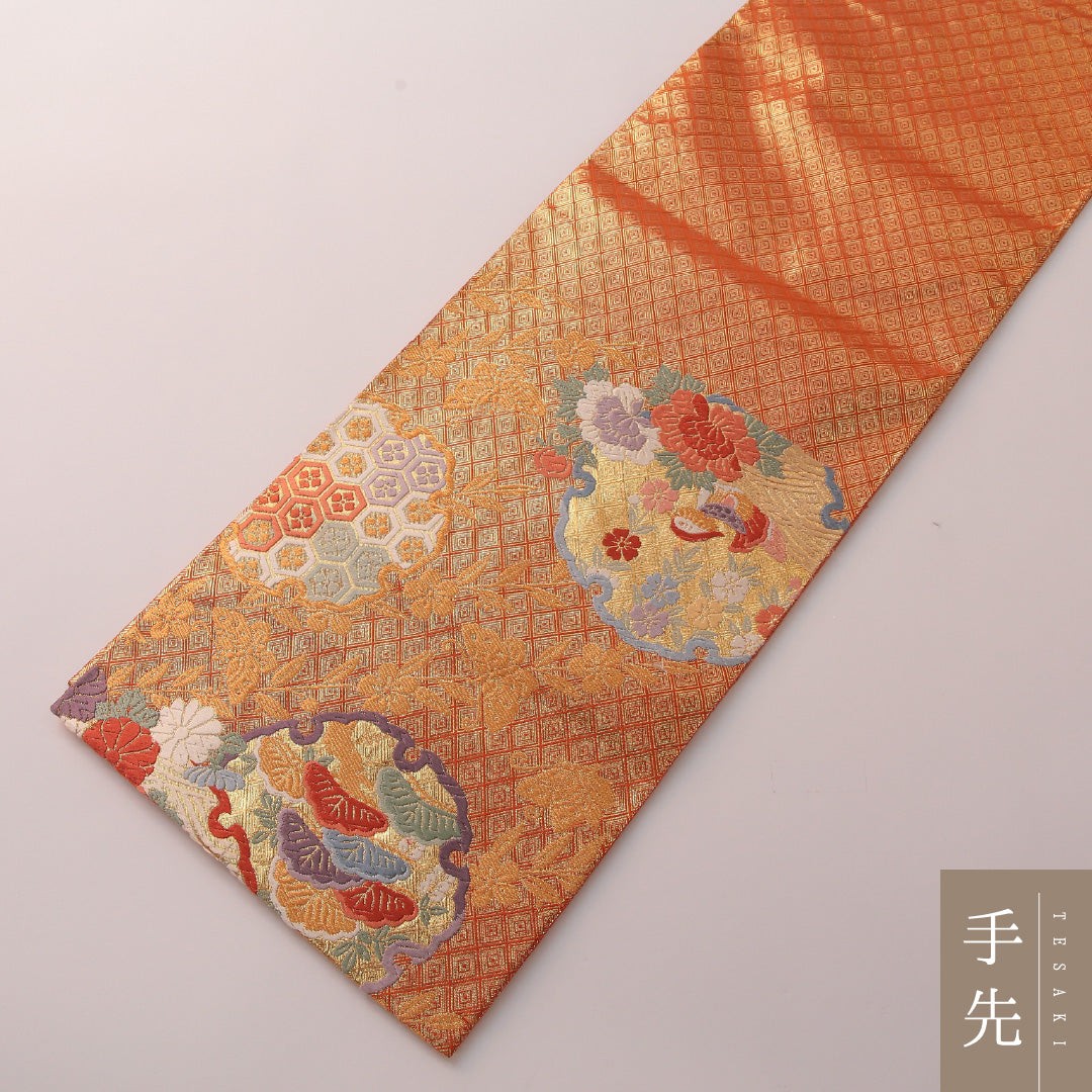 袋帯 帯丈428cm フォーマル 六通 Sランク 正絹 鳥 雪輪 金系 1223-01881