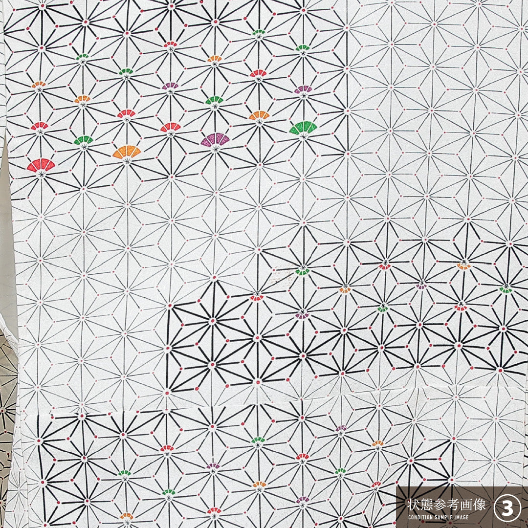 小紋 洗える着物 袷 身丈162cm 裄丈63cm ポリエステル Bランク Lサイズ 広衿 インフォーマル 麻の葉 白系 1215-15798