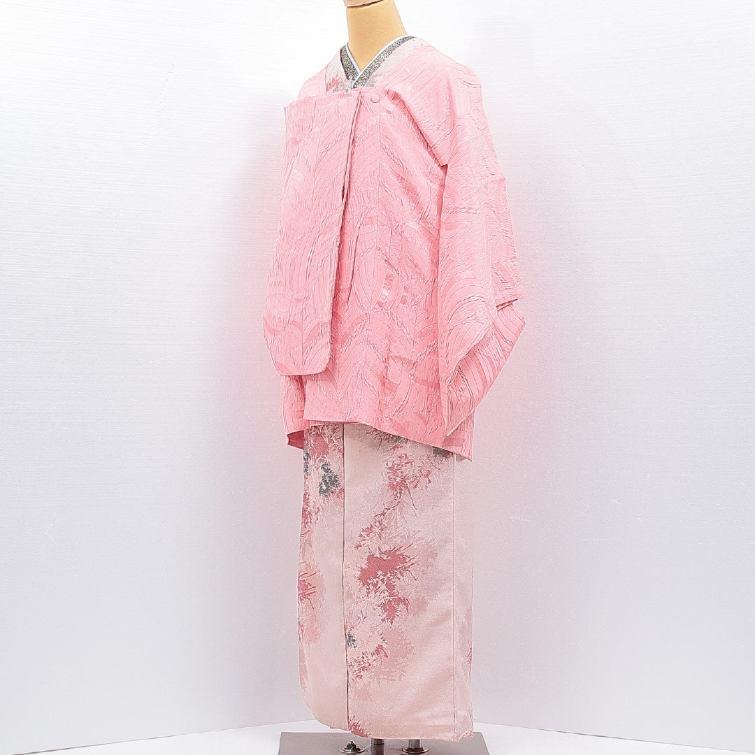 道行コート 袷 身丈84cm 裄丈62cm 正絹 Sランク 紋意匠 (抽象柄) セミフォーマル Sサイズ ふくれ織 ポケットあり ピンク系 RP 1237-16773