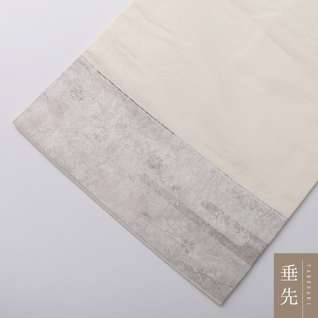 九寸名古屋帯 帯丈349cm セミフォーマル 名古屋仕立て ポイント柄 Cランク 正絹 花車 扇 クリーム系 1224-03641