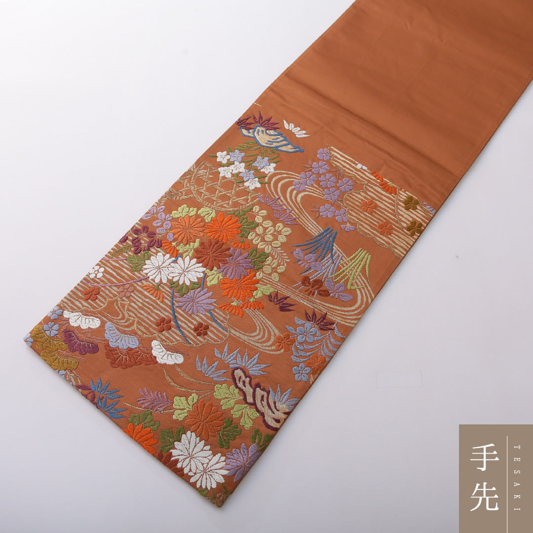 袋帯 帯丈430cm 正絹 六通 フォーマル 唐織 四季草花 吉祥文様 茶系 1243-02034
