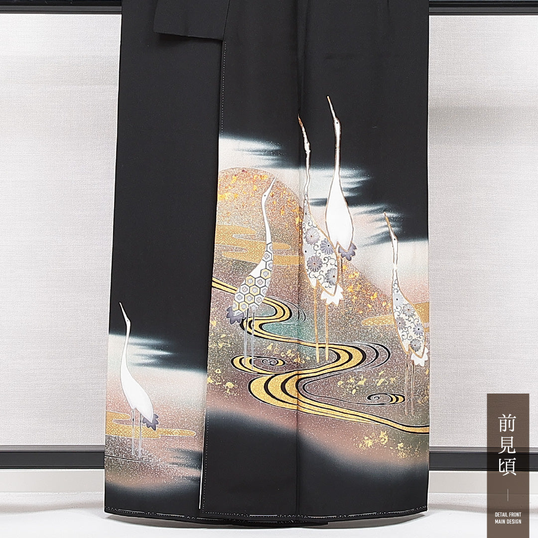 新古品 黒留袖 袷 身丈161cm 裄丈63cm 五つ紋 五三桐 フォーマル Nランク Lサイズ 正絹 比翼仕立て 広衿 鶴 菊 金駒刺繍 落款 しつけ糸 1211-F0644