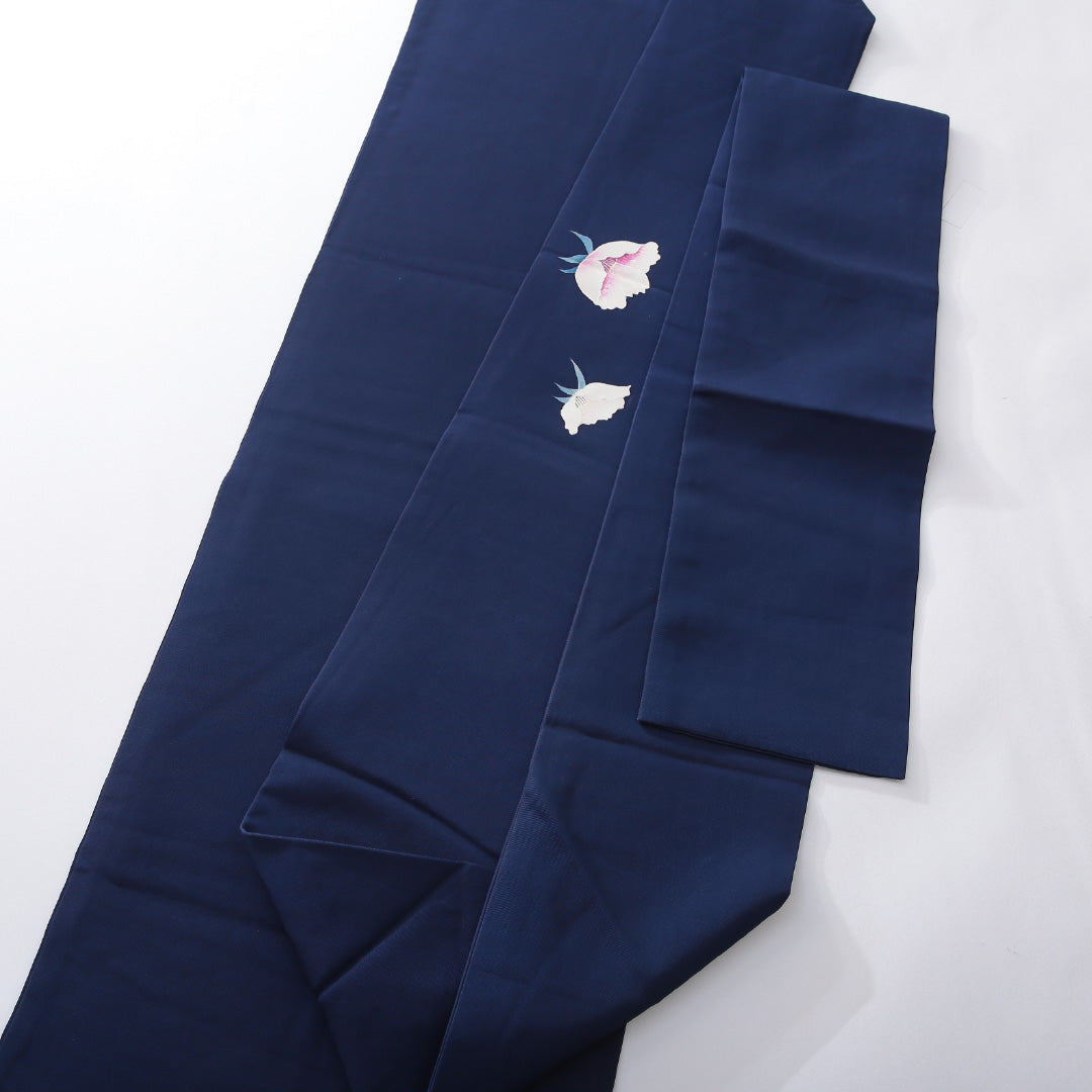 九寸名古屋帯 帯丈349cm インフォーマル 名古屋仕立て ポイント柄 Bランク 正絹 塩瀬 芙蓉 紺系 1224-03899